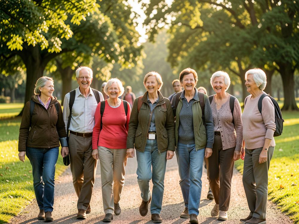Members walking together in a park on a day trip