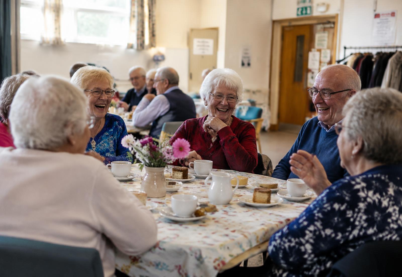Members of a Manchester social club laughing together over coffee and cake